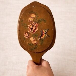 Vintage Handheld Mirror Wooden Hand Painted Cottagecore Shabby Chic Butterfly